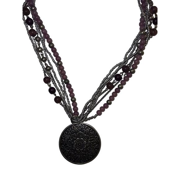 Purple & Gray Medallion Pendant Necklace Multi Strand Adjustable Costume 18.5" - Picture 2 of 4